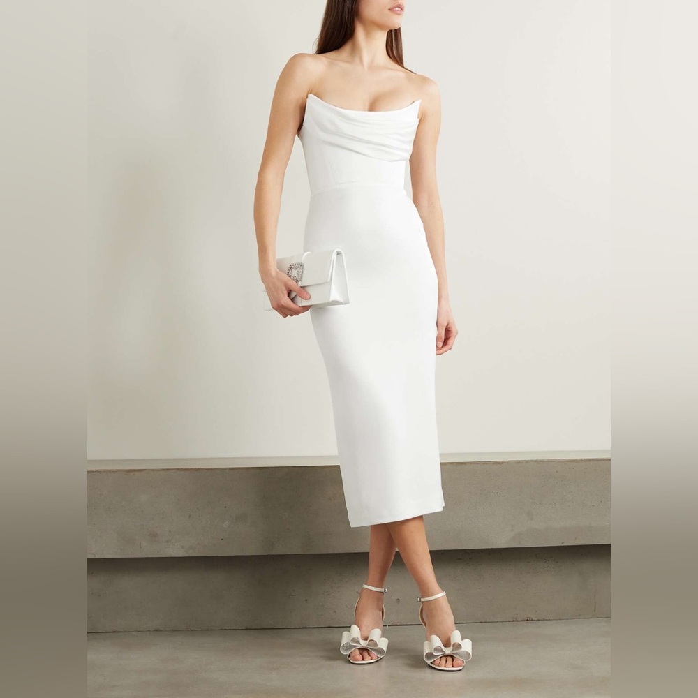 Alex Perry Strapless Draped Satin Midi Dress